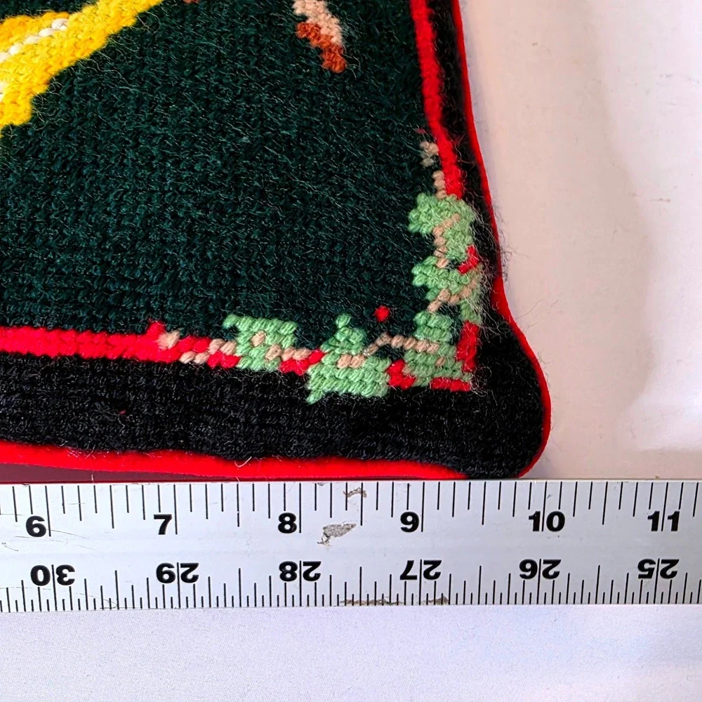 Vtg Reindeer Horn Needlepoint Christmas Pillow Green Red Velvet Midwest Importrs